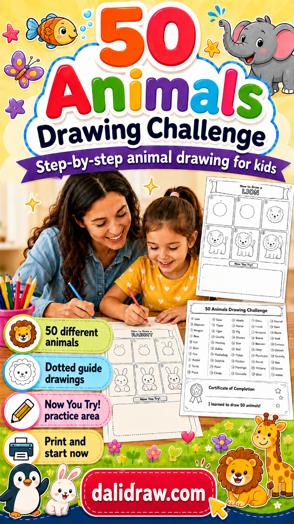 50 Animals Drawing Challenge for Kids | Printable Step-by-Step PDF