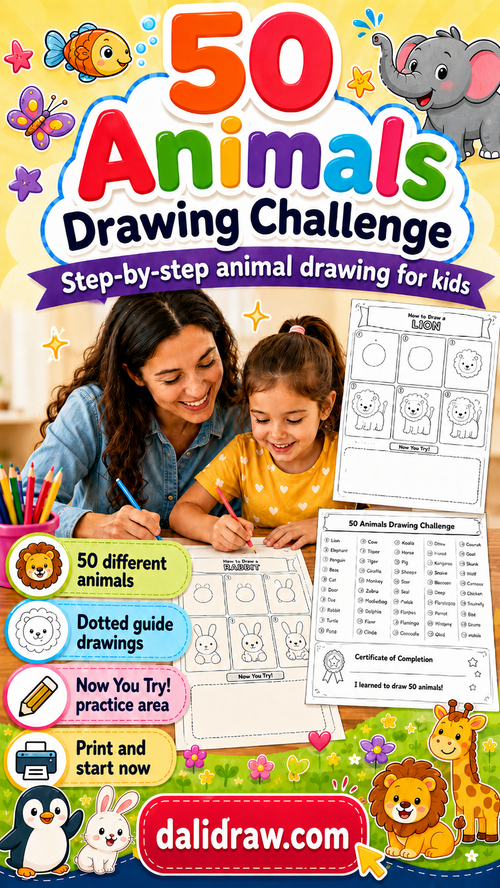 50 Animals Drawing Challenge for Kids | Printable Step-by-Step PDF