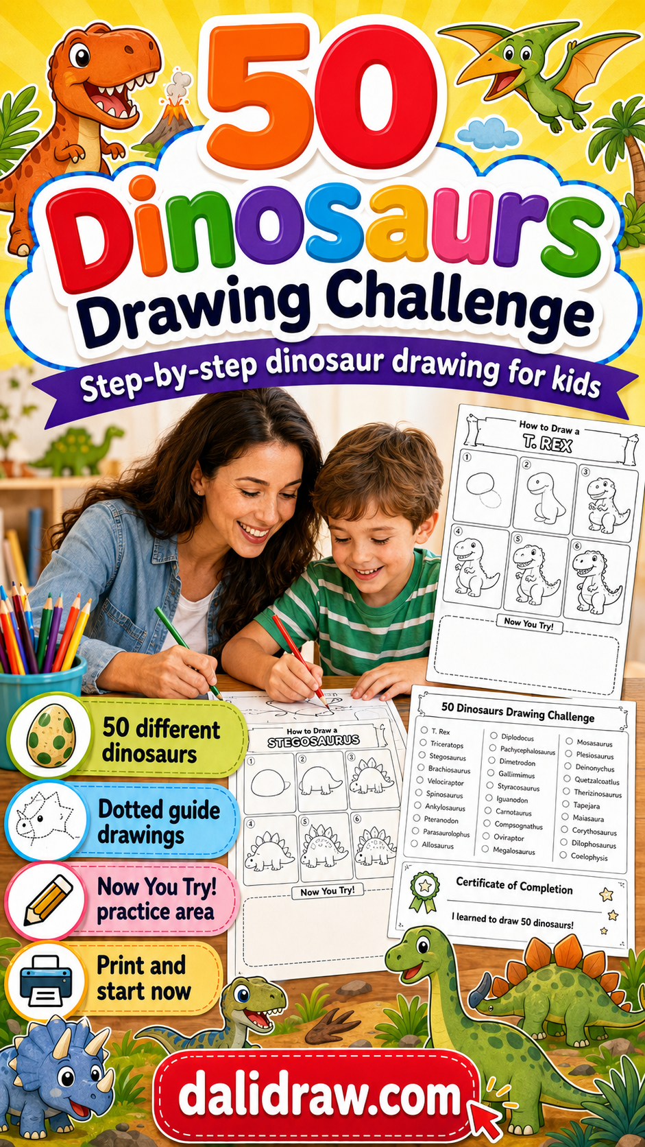 50 Dinosaurs Drawing Challenge for Kids | Printable Step-by-Step PDF