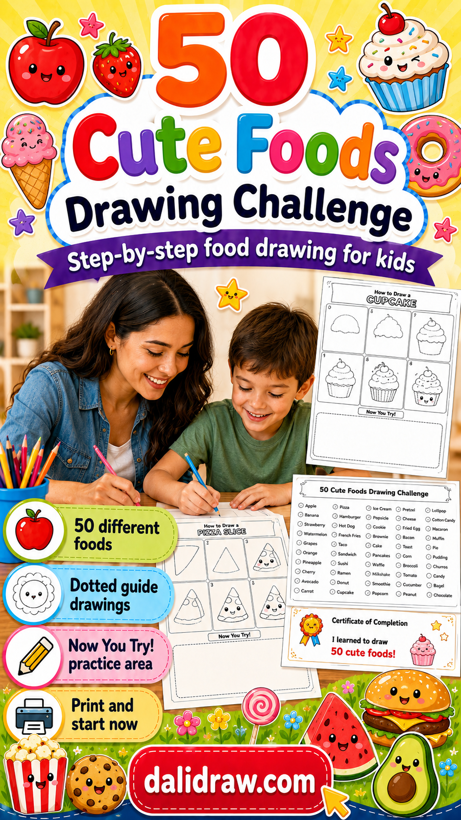 50 Food Drawing Challenge for Kids | Printable Step-by-Step PDF