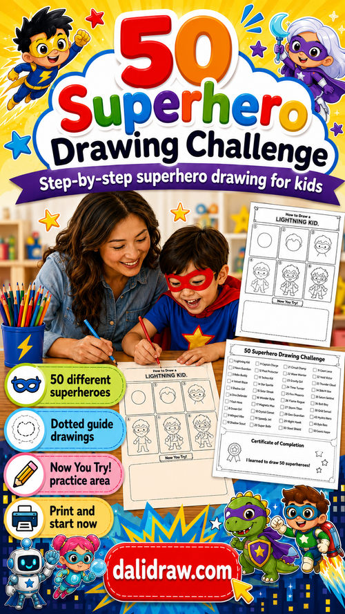 50 Heroes Drawing Challenge for Kids | Printable Step-by-Step PDF