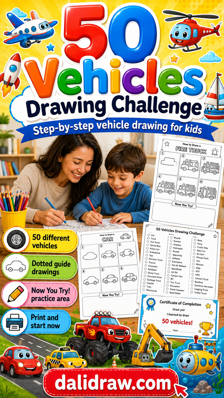 50 Vehicles Drawing Challenge for Kids | Printable Step-by-Step PDF