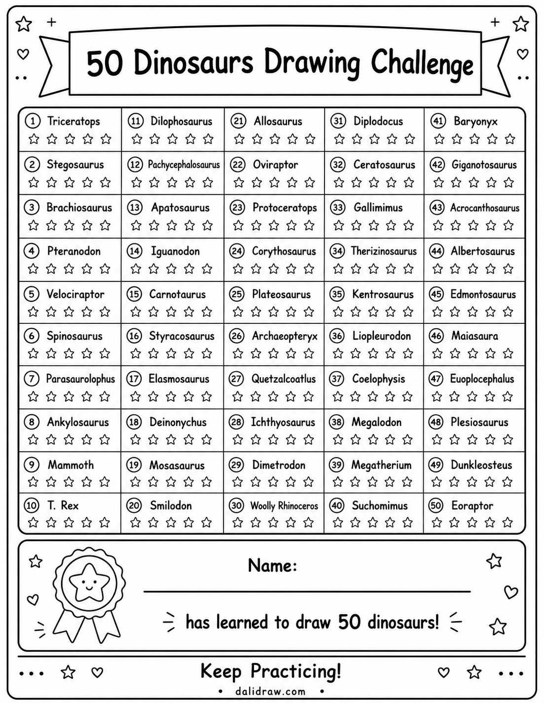 50 Dinosaurs Drawing Challenge for Kids | Printable Step-by-Step PDF