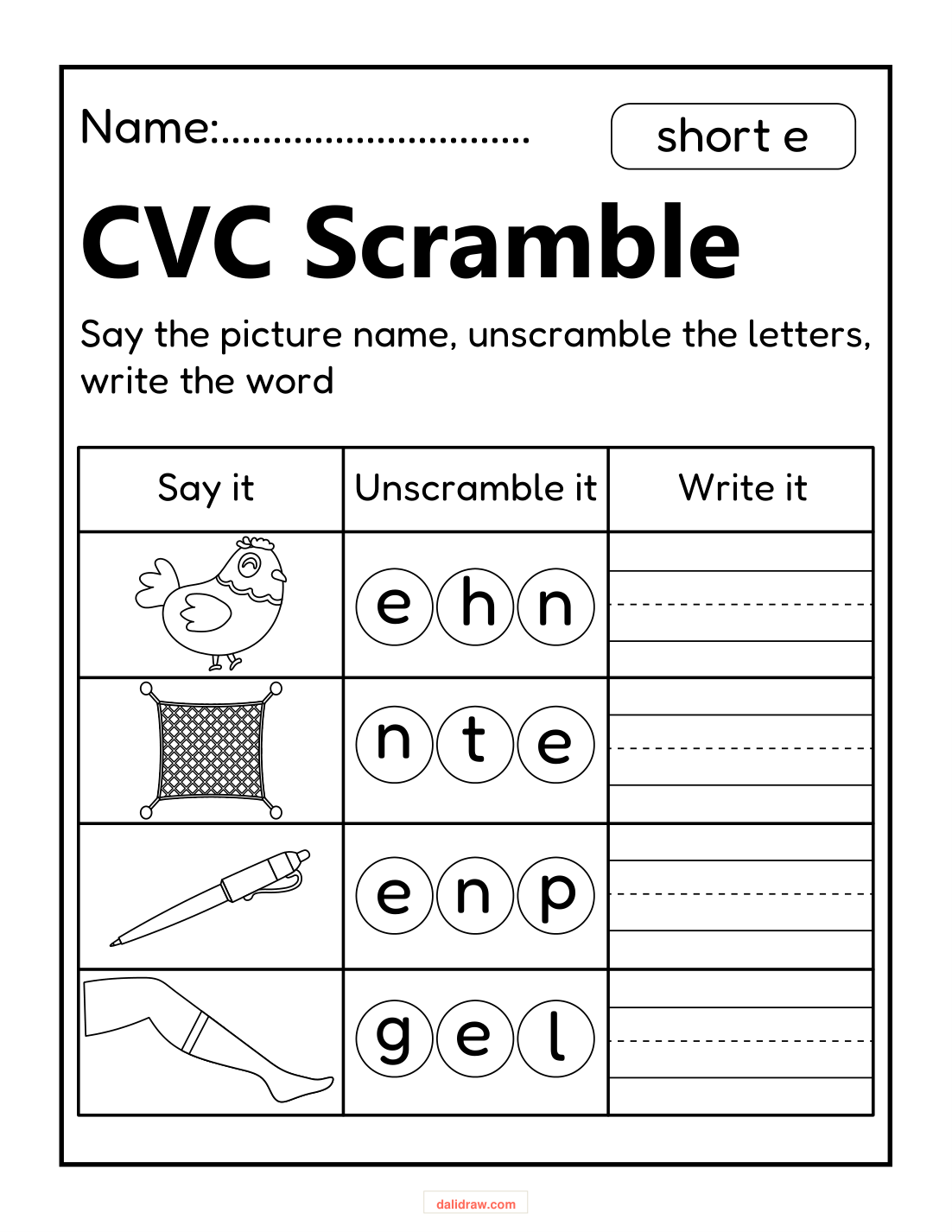 CVC word reading sample page