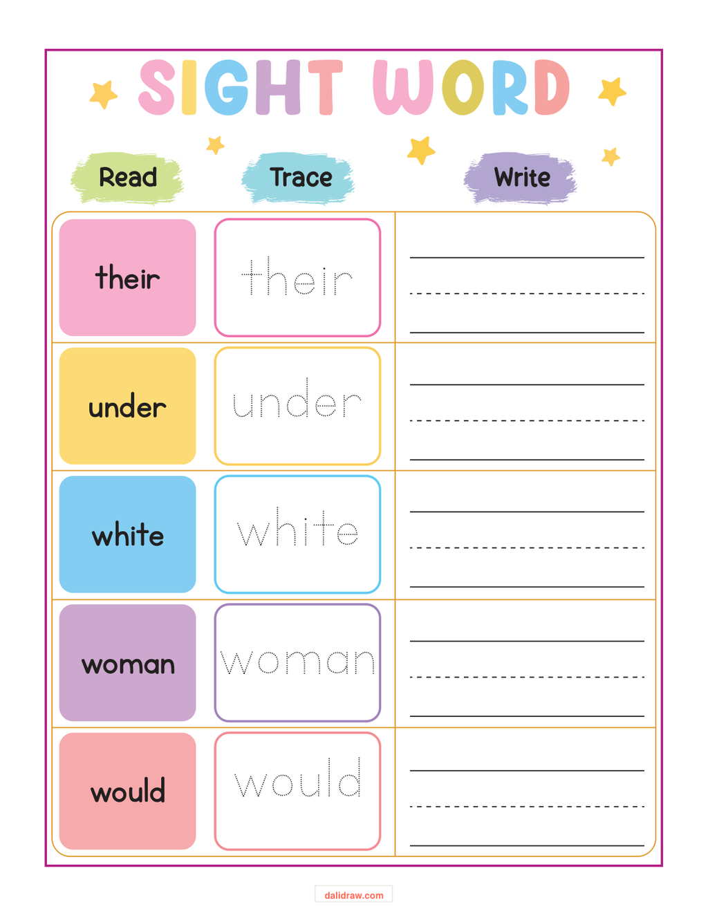 Sight word practice sample page