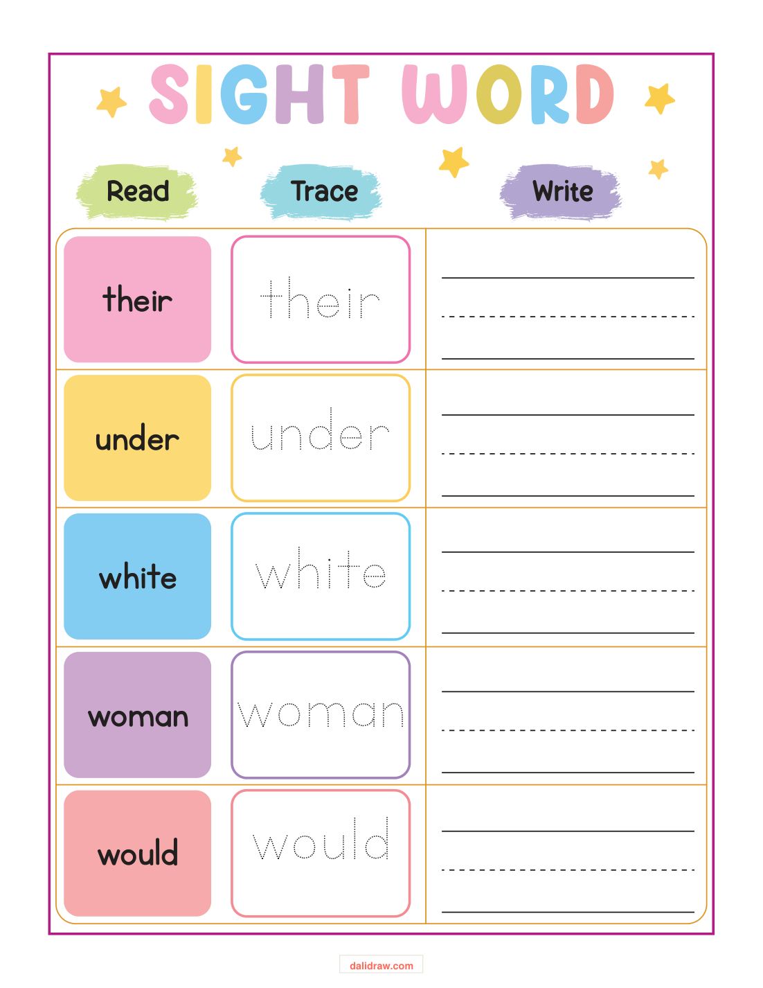 Sight word practice sample page