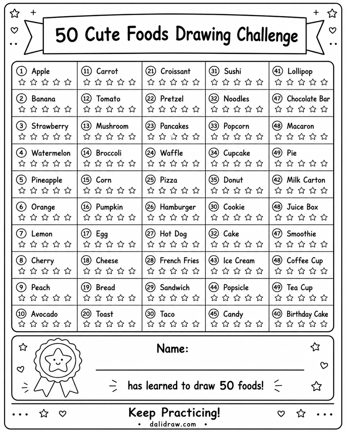 50 Food Drawing Challenge for Kids | Printable Step-by-Step PDF