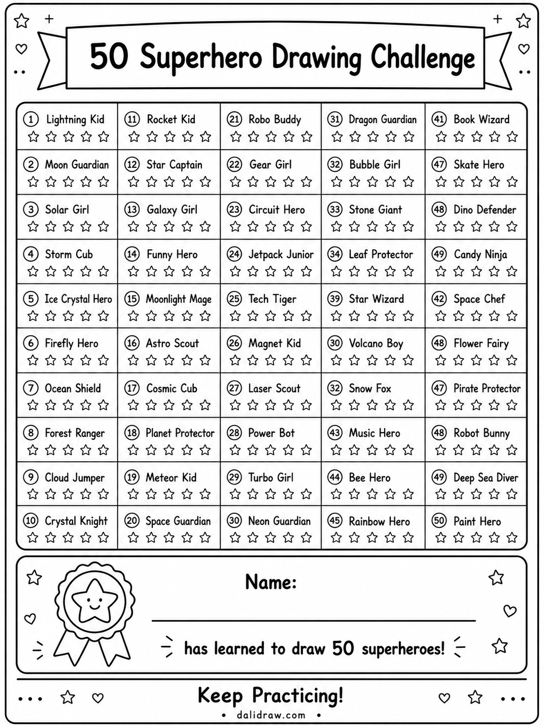 50 Heroes Drawing Challenge for Kids | Printable Step-by-Step PDF