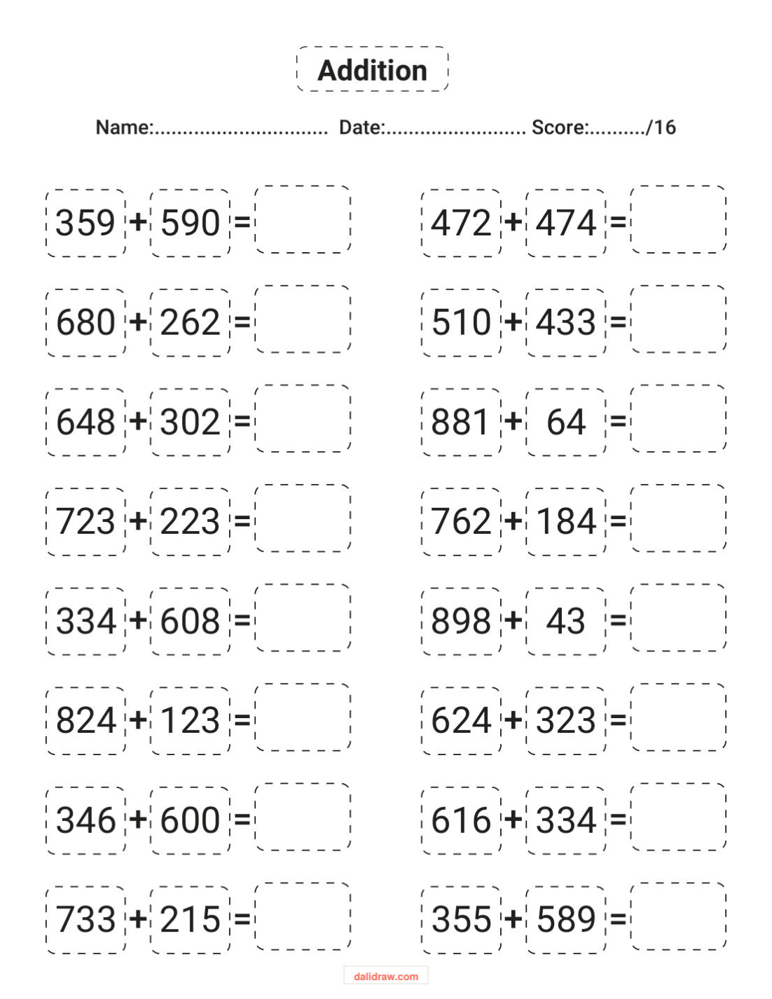 Subtraction worksheet sample