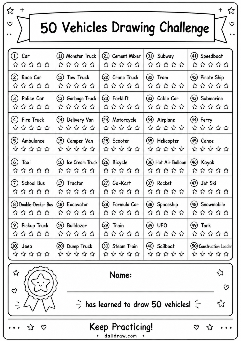50 Vehicles Drawing Challenge for Kids | Printable Step-by-Step PDF